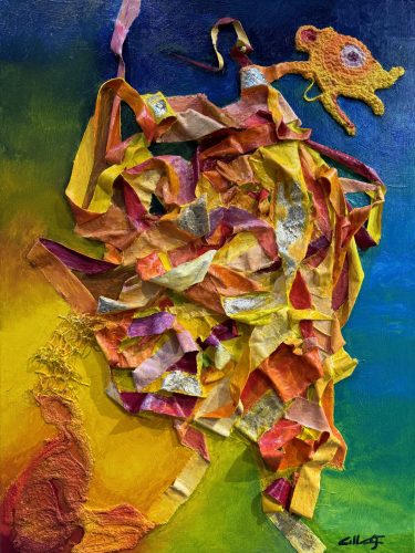 Huile sur toile en lin 60x80 cm avec ajout préalable de matière (crochet; bandes de toile en lin, filets, feuilles d'or 24 carats) @Crann Piorr'Art 2024